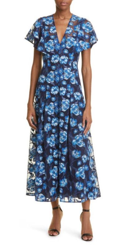 Lela Rose Floral V-Neck Dress in Navy at Nordstrom