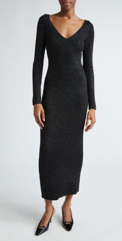 Lela Rose Sequin V-Neck Long Sleeve Sweater Dress in Black at
