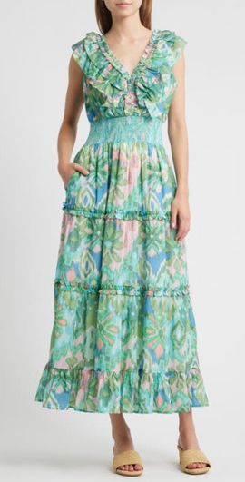 LOVE THE LABEL LOVE THE LABEL Azalea Tiered Maxi Sundress in Symphonic Ikat Bermuda at Nordstrom, Size Large