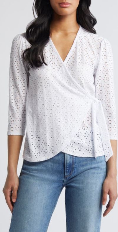 Loveappella Loveappella Eyelet Wrap Top in White at Nordstrom, Size X-Small