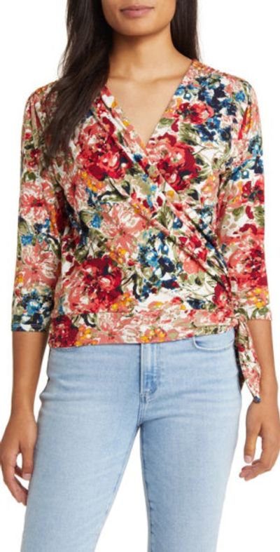 Loveappella Loveappella Faux Tie Wrap Top in Marsala/Olive at Nordstrom