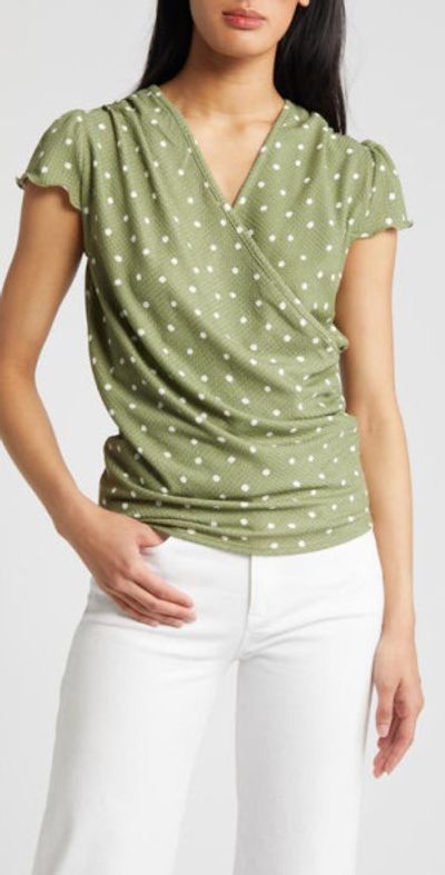 Loveappella Loveappella Polka Dot Faux Wrap T-Shirt in Sage