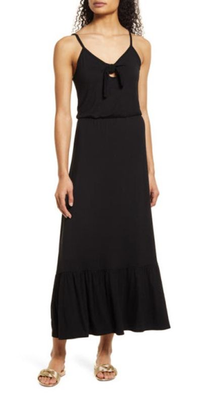 Loveappella Loveappella Tie Front Maxi Sundress in Black at Nordstrom, Size X-Small
