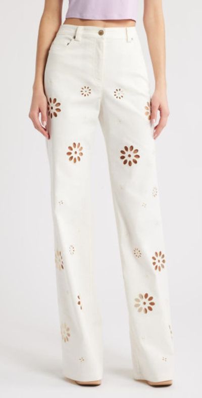 LoveShackFancy LoveShackFancy Carolette Eyelet Cutout Bootcut Jeans in Optic White at Nordstrom, Size 24
