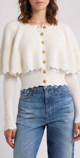 LoveShackFancy LoveShackFancy Daelyn Capelet Cashmere & Wool Cardigan in Champagne at Nordstrom, Size Medium