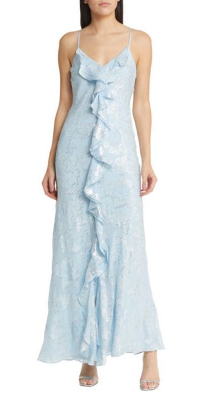 love shack fancy metallic dress LoveShackFancy Bexlie Tiered Metallic Halter Gown