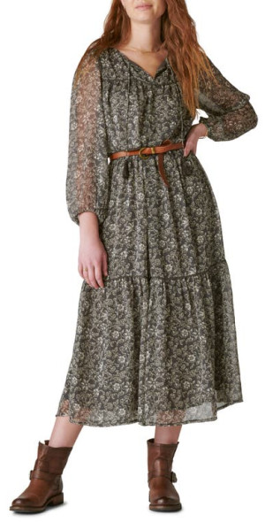 Lucky Brand - Floral Print Long Sleeve Tiered Maxi Dress in Raven Multi ...