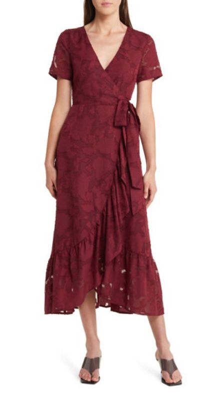 Lulus - Blissfully Floral Jacquard Midi Wrap Dress in Burgundy at Nordstrom