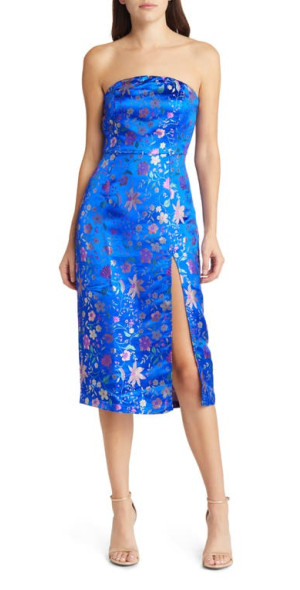 Lulus - Make a Move Floral Jacquard Sleeveless Satin Dress in Blue