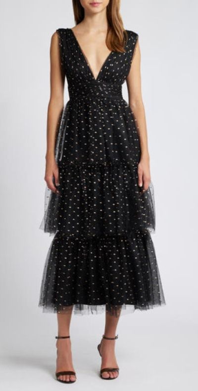 Lulus Metallic Tiered Tulle Midi Cocktail Dress in Black/rose