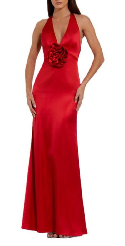 Mac Duggal Mac Duggal Fitted Satin Sleeveless Halter Gown With 3D Flower in Red at Nordstrom, Size 0