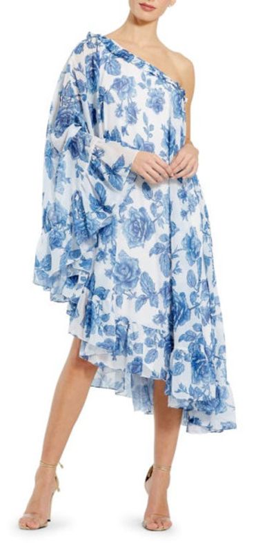 mac duggal one-shoulder asymmetrical midi cape dress High Low One Shoulder Cape Dress One Shoulder Cape Detail Mac Duggal 11247