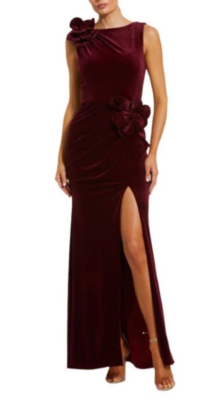 Mac Duggal Mac Duggal High Neck Velvet Column Dress With 3D Flowers
