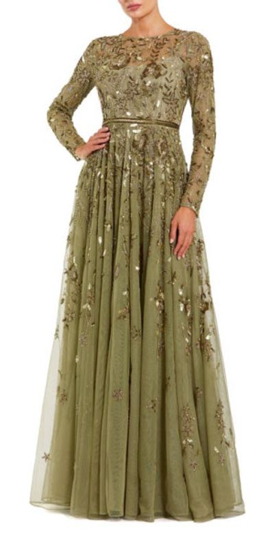 Mac Duggal Mac Duggal Long Sleeve Hand Embellished Floral A-line Gown