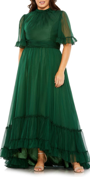 Mac Duggal Mock Neck Flutter Sleeve High Gown in Emerald at