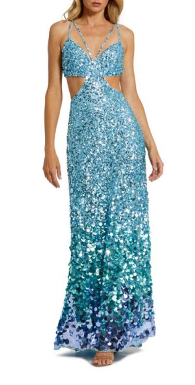 Mac Duggal Sequin Paillette Cutout Detail Gown in Ice Blue at