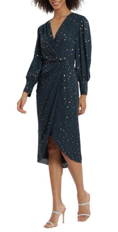 knee length dresses for ladies Maggy London Navy Floral Long Sleeve Wrap Midi Dress main image 0