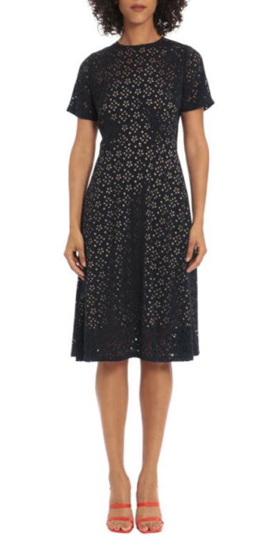Maggy London - Jewel Neck Eyelet Midi Dress in Navy at Nordstrom