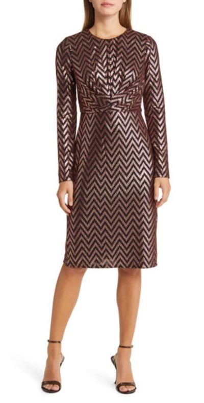Maggy London Metallic Long Sleeve Cocktail Dress in Copper/Black