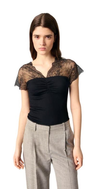 maje maje Jersey top with lace trim in Black at Nordstrom, Size Small
