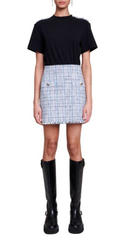 maje Rolineta Mixed Media Tweed Minidress in Blue at Nordstrom
