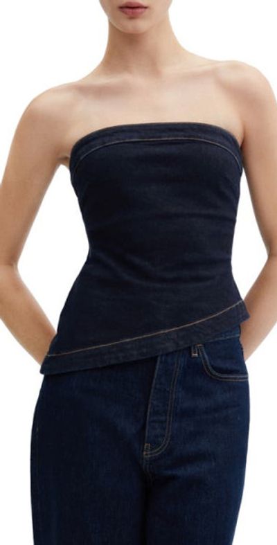 MANGO Asymmetric Strapless Denim Top in Open Blue