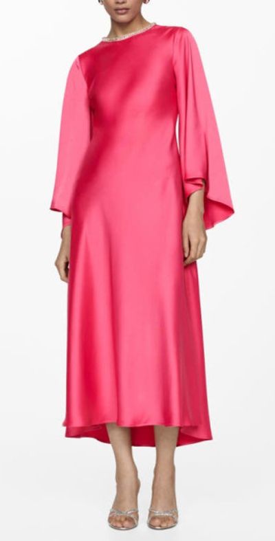 MANGO Embellished Long Sleeve Satin Maxi Dress in Pink at
