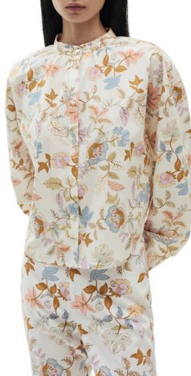 MANGO MANGO Floral Cotton Band Collar Button-Up Shirt in Ecru at Nordstrom, Size 6