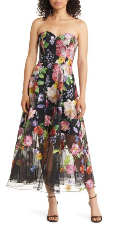 Marchesa Notte Floral Embroidered Strapless Cocktail Dress in