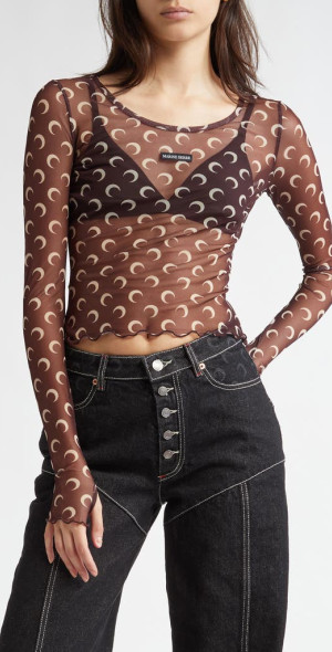 Marine Serre - Second Skin Moon Print Long Sleeve Sheer Mesh Crop