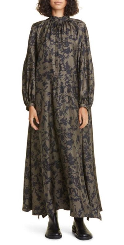 Max Mara - Prosit Floral Long Sleeve Silk Dress in Khaki Green at Nordstrom