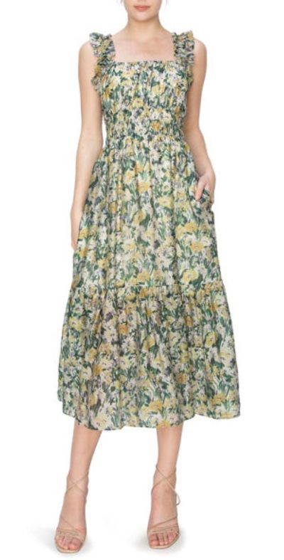 MELLODAY Floral Ruffle Shirred Midi Sundress in Green/Yellow at