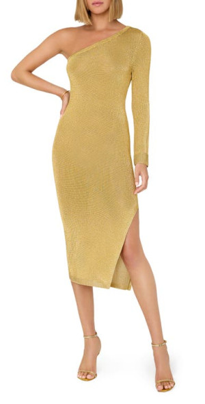 Midi Dress Gold Knit Dress One Shoulder Milly Senna Metallic Knit