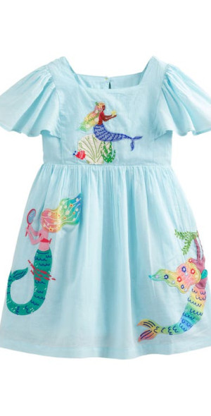Mini Boden - Kids' Mermaid Appliqué Flutter Sleeve Cotton Dress in Iced  Aqua Mermaids at Nordstrom