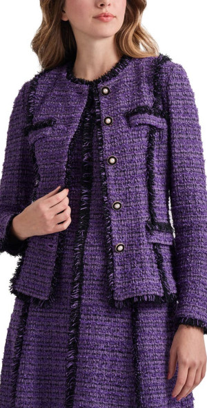 Misook - Princess Seam Fringe Trim Tweed Jacket in Plum Royale
