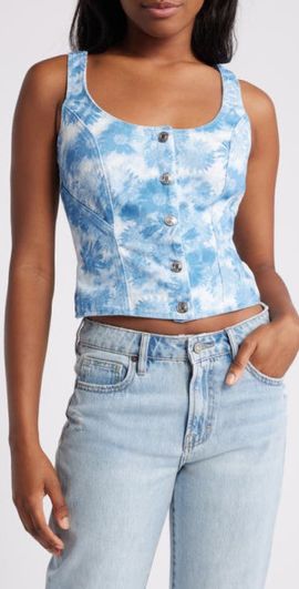 Mistress Rocks Mistress Rocks Blue Floral Denim Top in Blue Floral Print at Nordstrom, Size X-Small