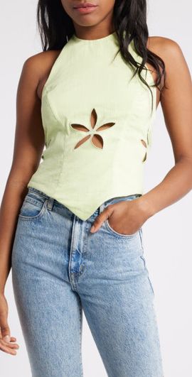 Mistress Rocks Mistress Rocks Floral Cutout Open Back Halter Top in Matcha at Nordstrom, Size X-Small