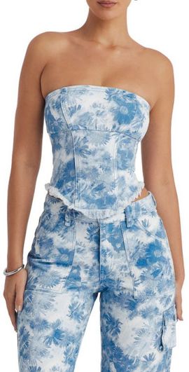 Mistress Rocks Mistress Rocks Floral Strapless Denim Corset Top in Blue at Nordstrom, Size Small
