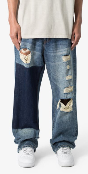 Ulti Ripped Jean mnml - Ultra Baggy One Knee Thrashed Ripped Jeans in Blue