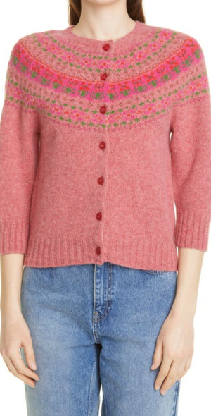 Molly Goddard - Crop Fair Isle Wool Cardigan in Pink Fairisle at