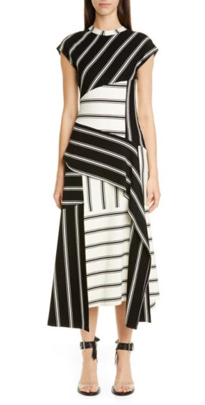 MONSE - Asymmetrical Stripe Jersey Midi Dress in Black/Ecru at Nordstrom