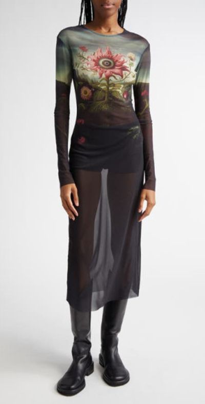 MONSE Sunflower Print Long Sleeve Mesh Midi Dress in Rose Flower