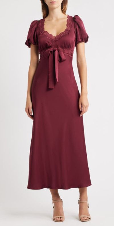 MOON RIVER Puff Sleeve Lace Trim Maxi Dress in Oxblood at