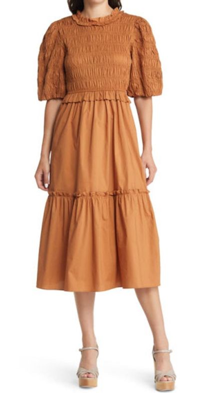 green emerald velvet dress Flora Smocked Midi Dress
