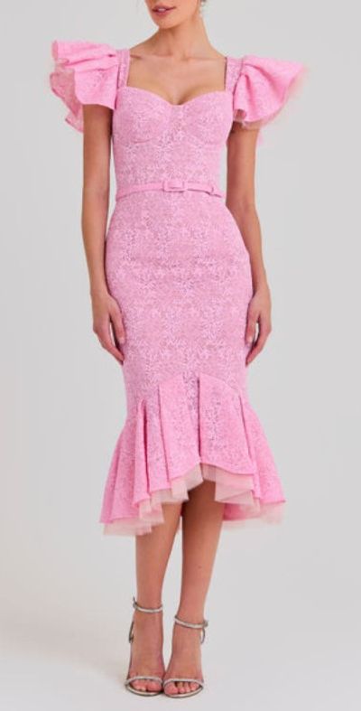 NADINE MERABI Belted Ruffle Lace Midi Dress in Light/pastel Pink