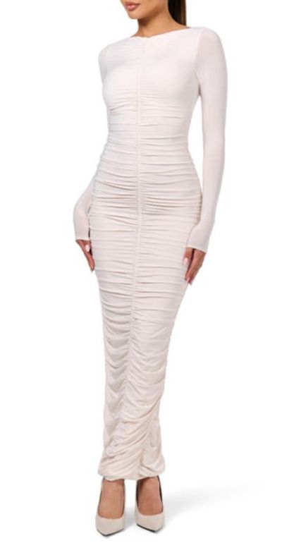 fitted lace wedding dress Black Long Sleeve Ruched Belle Midi Dress