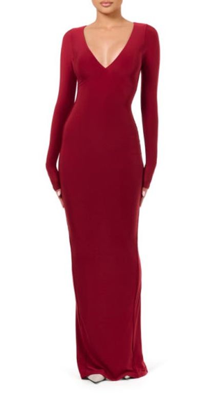 Naked Wardrobe - Hourglass V-Neck Long Sleeve Column Dress in Dark Red at  Nordstrom