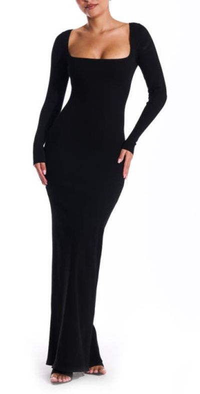 fitted lace wedding dress Naked Wardrobe Women's Drape Long Sleeve Maxi Dress - Black main image 0
