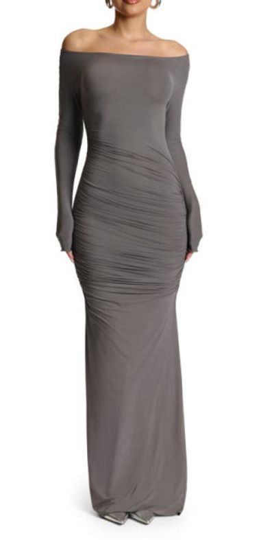 Naked Wardrobe Naked Wardrobe Ruched Off the Shoulder Long Sleeve Maxi Dress in Charcoal at Nordstrom, Size Small
