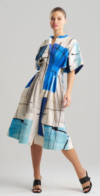 Natori Natori Sorairo - Printed Cotton Poplin Pleat Release Button Down Dress in Blue/grey at Nordstrom, Size 2